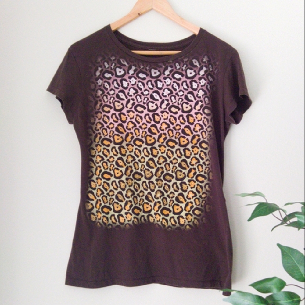 Wrangler Classic Blues T-Shirt Women's XL Brown Leopard Ombre Glitter Western - Picture 1 of 8